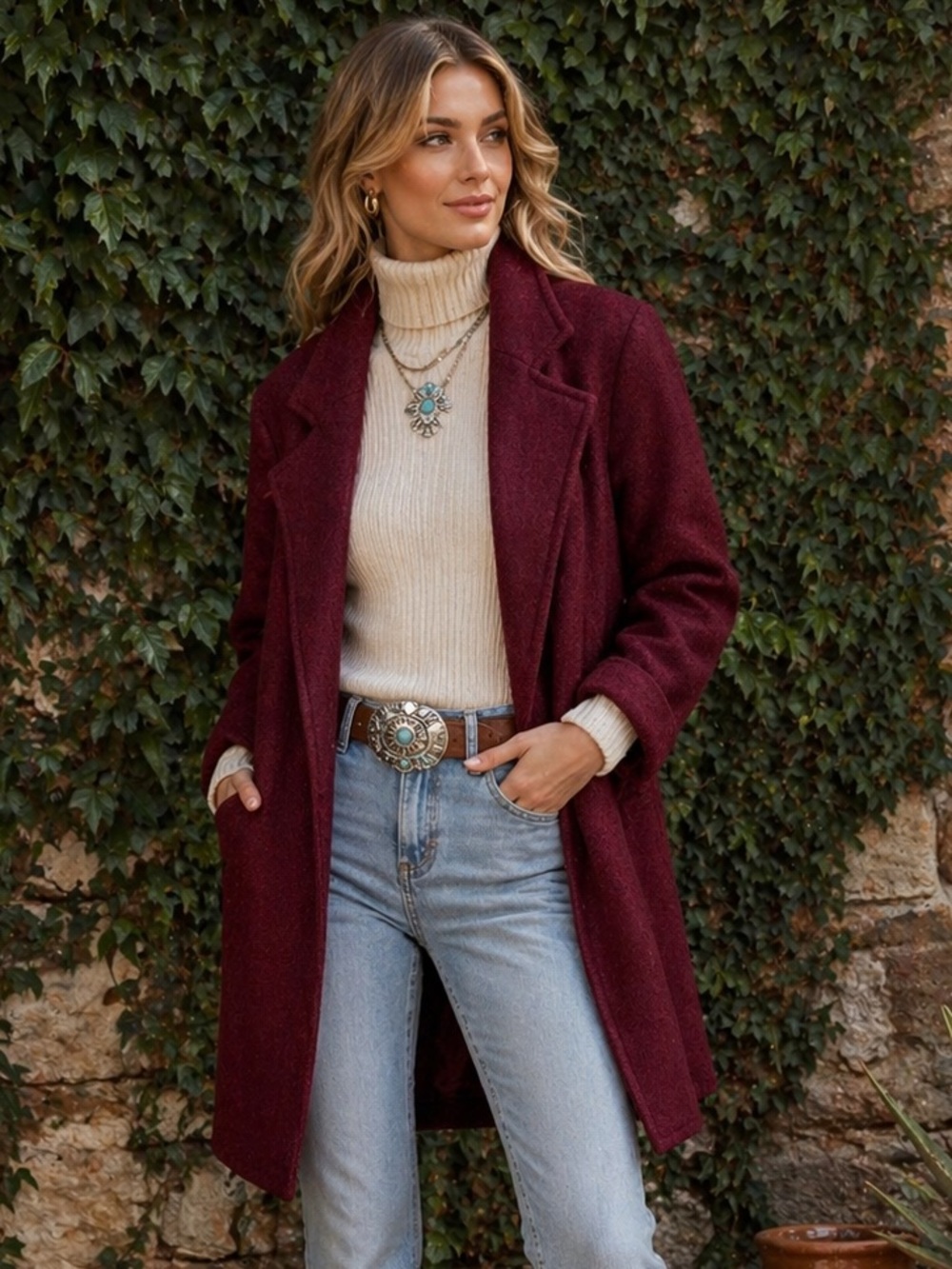 RACHEL ZOE Minimalist Quiet Luxury Longline Cranberry Wool Blend Jacket, S